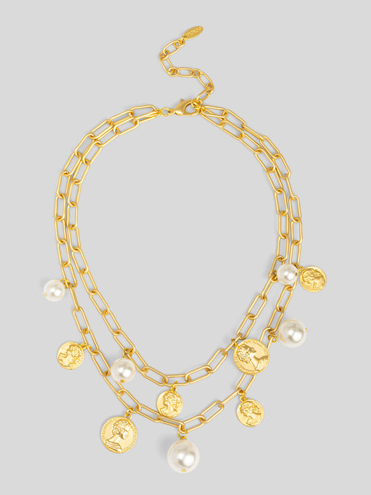 Pearls and Coins Charm Layered Necklace