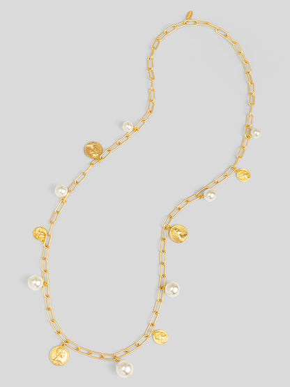 Pearls and Coins Charm Long Necklace