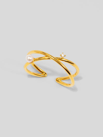 Adjustable Assymetric Pearl and Crystal Crossover Ring